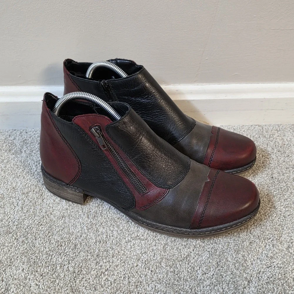 Remonte Zip Up Ankle Boots‎ Red Wine Patchwork Size 41 US 9.5 Shoes NWOB